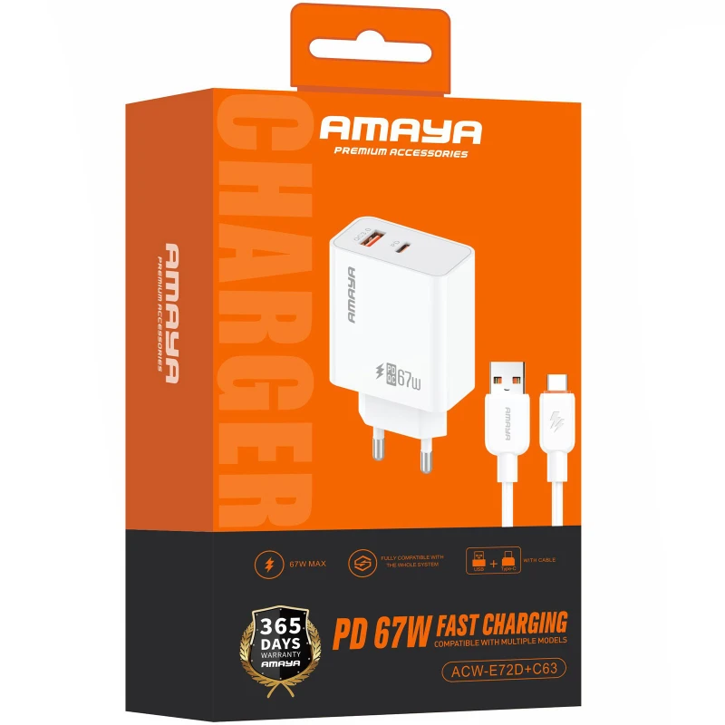 МЗП Amaya E72D PD67W+QC3.0 (1USB-A/1C) + кабель USB to Type-C – White. Фото 2 з 2