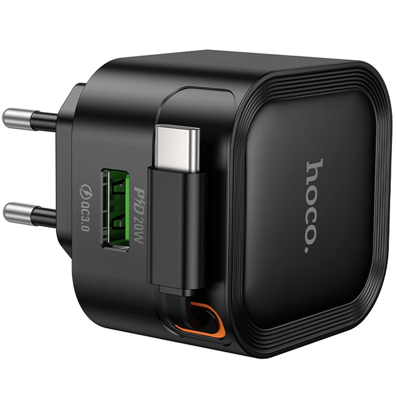 МЗП Hoco C154A Changer With Retractable Cable Type-C PD20W+QC3.0 (1USB-C) – Black. Фото 4 з 6