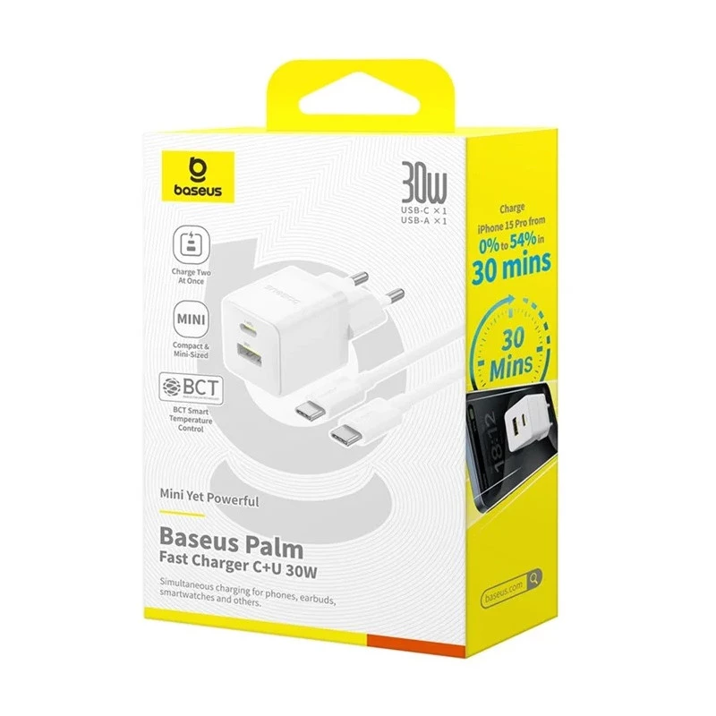 СЗУ Baseus Palm Fast Charger 30W (1USB-A/1C) + кабель Type-C to Type-C (P1011160A) – Moon White. Фото 6 из 6