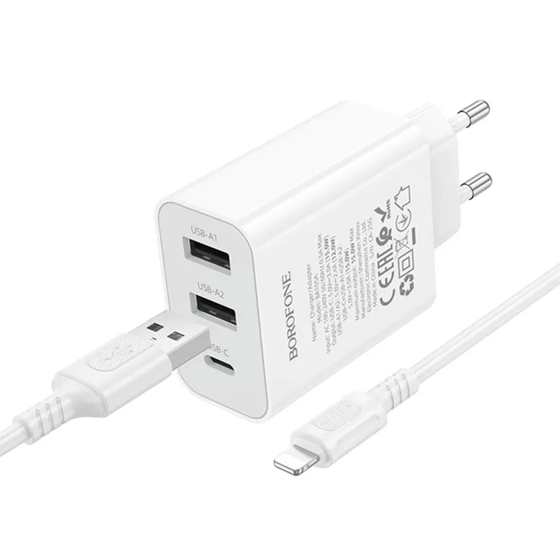 МЗП Borofone BA105A Stellar 15W (2USB-A/1C) + кабель USB to Lightning – White. Фото 2 з 3