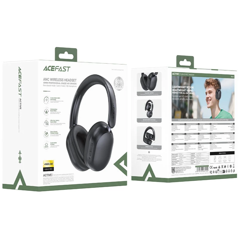 Накладні бездротові навушники Acefast H12 ANC – Black. Фото 3 з 5