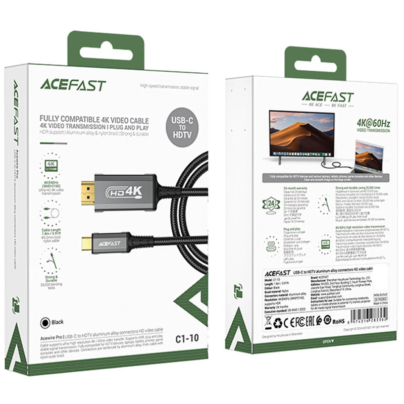 Дата кабель Acefast C1-10 USB-C to HDTV (1.8m) – Black. Фото 3 из 9