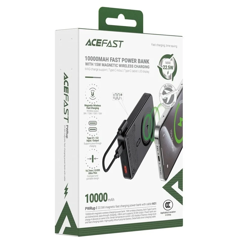 Портативний ЗП Power Bank Acefast M31 PD22.5W з БЗП with cable 10000 mAh – Black. Фото 4 з 5