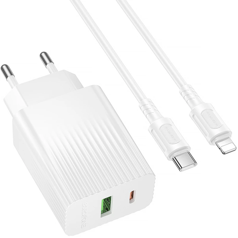 СЗУ Borofone BAS76A Source PD30W+QC3.0 (1USB-A/1C) + кабель Type-C to Lightning – White. Фото 3 из 5