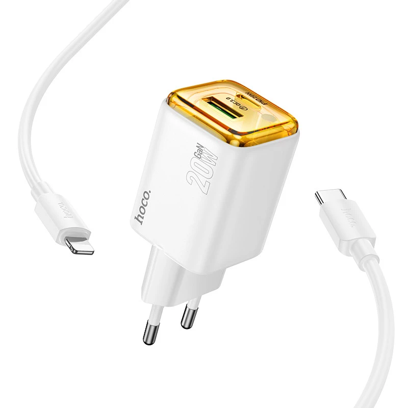 СЗУ Hoco N52 Monsoon PD20W+QC3.0 (1USB-A/1C) + кабель Type-C to Lightning – White. Фото 2 из 3