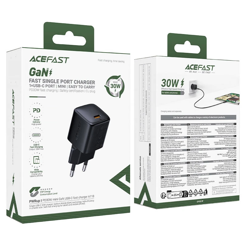 СЗУ Acefast A118 PD30W GaN (1USB-C) – Black. Фото 2 из 6