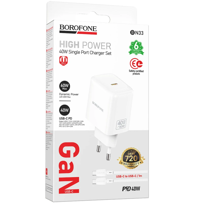 МЗП Borofone BN33 Fuente PD40W (1USB-C) + кабель Type-C to Type-C – White. Фото 2 з 6