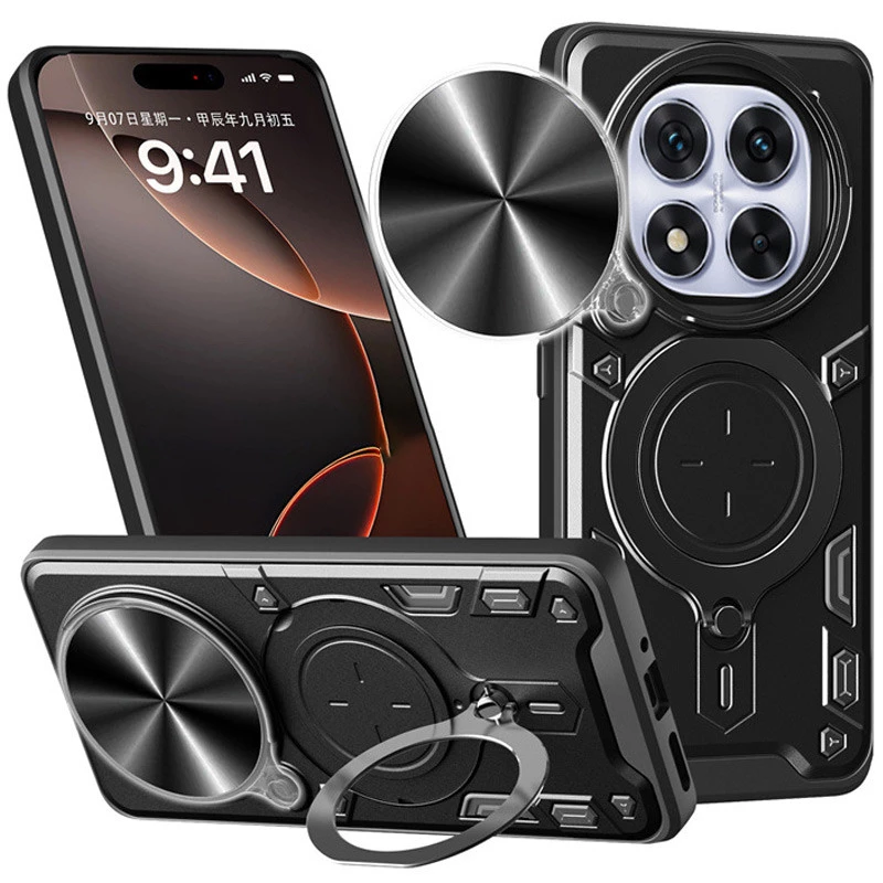 Ударопрочный чехол Bracket Ringstand с защитной шторкой для камеры для Xiaomi Redmi Note 14 Pro+ 5G – Black. Фото 1 из 6