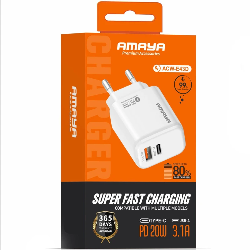 МЗП Amaya E43D PD20W (1USB-A/1C) – White. Фото 2 з 2