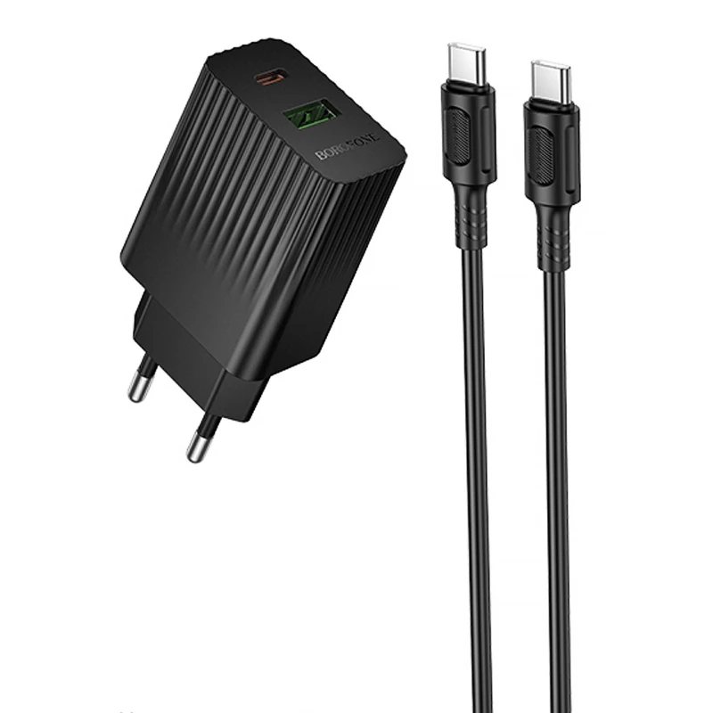 МЗП Borofone BAS76A Source PD30W+QC3.0 (1USB-A/1C) + кабель Type-C to Type-C – Black. Фото 1 з 4