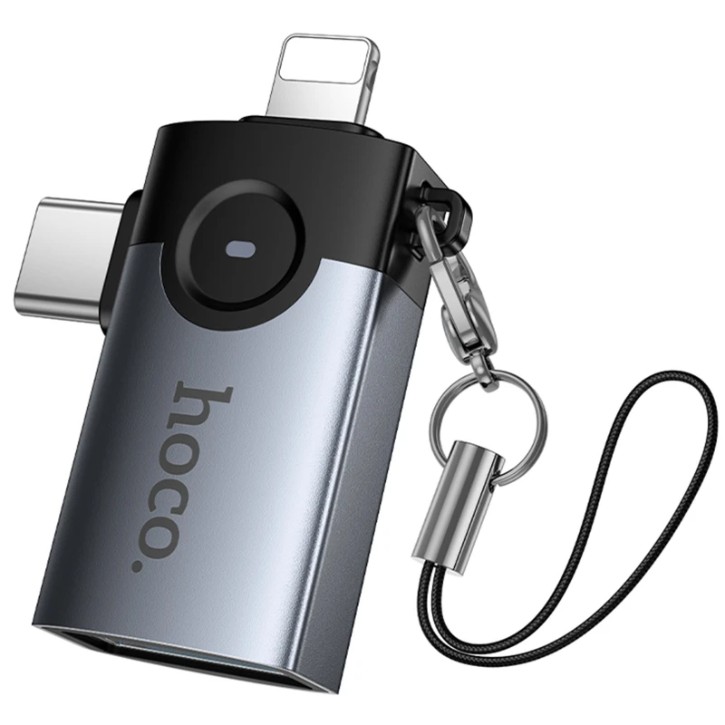Переходник Hoco UA46D OTG 2in1 Lightning male/Type-C male to USB female – Metal gray. Фото 4 из 6