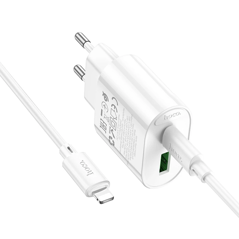 СЗУ Hoco C109A Fighter PD20W+QC3.0 (1USB-A/1C) + кабель Type-C to Lightning – White. Фото 7 из 12