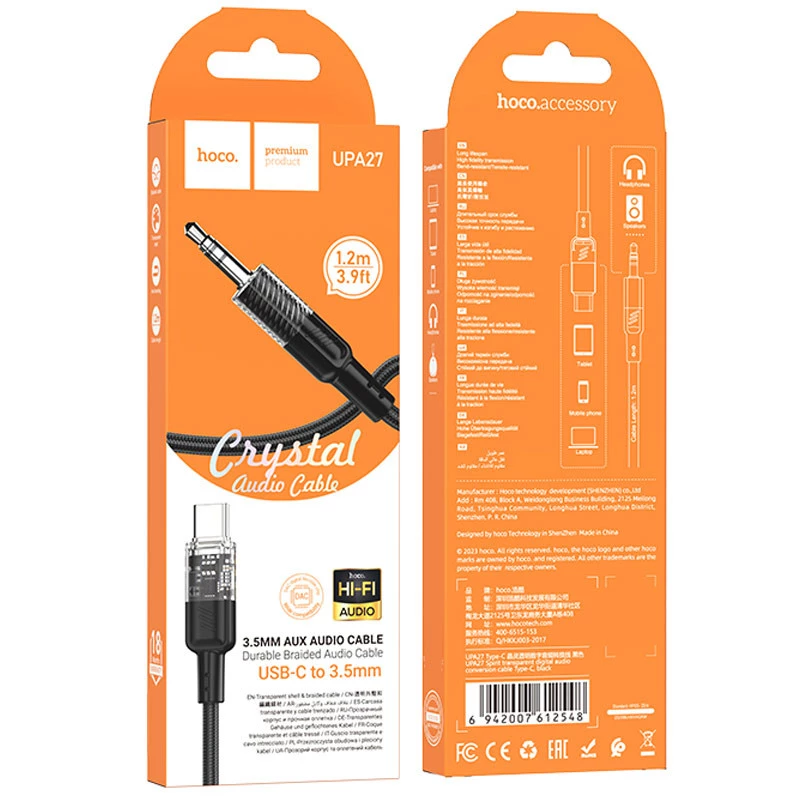 Аудио кабель Aux Hoco UPA27 Spirit transparent (Type-C to AUX 3.5mm) (1.2m) – Black. Фото 6 из 6