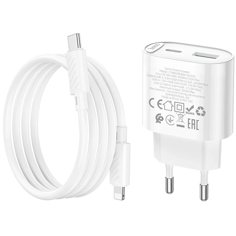 СЗУ Hoco C109A Fighter PD20W+QC3.0 (1USB-A/1C) + кабель Type-C to Lightning – White. Фото 11 из 12