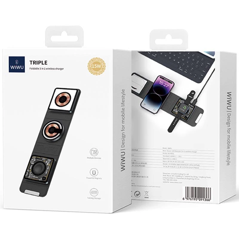 БЗУ WIWU Wi-W001 3 in 1 wireless charger – Black. Фото 5 из 5