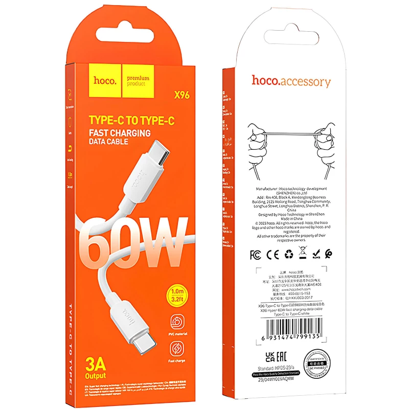 Дата кабель Hoco X96 Hyper Type-C to Type-C 60W (1m) – White. Фото 2 з 4