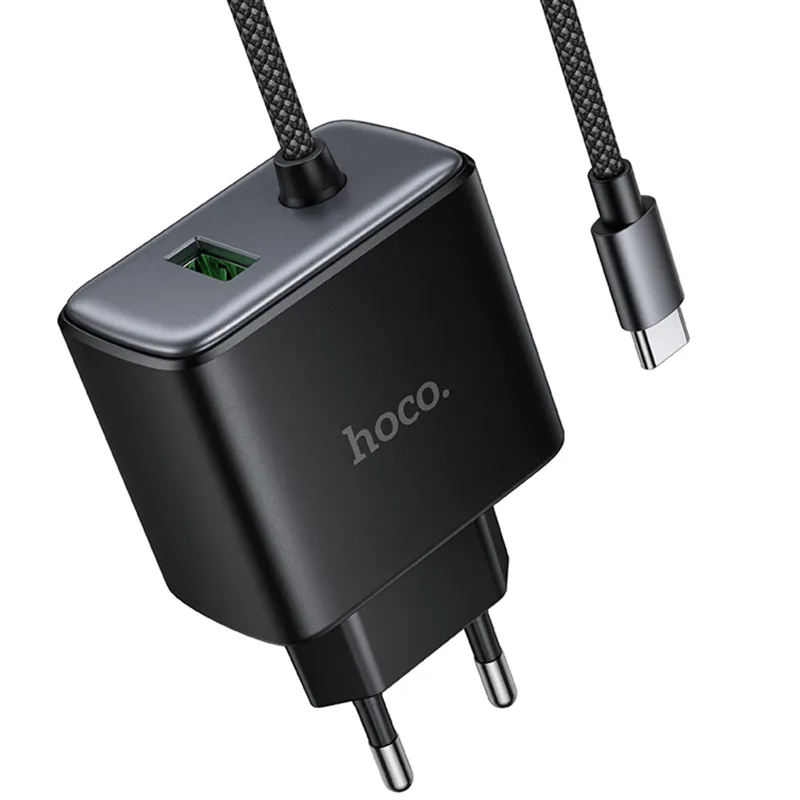 МЗП Hoco C164A New PD30W+QC3.0 (1USB-A/1C) + встроенный кабель Type-C – Black. Фото 5 з 6