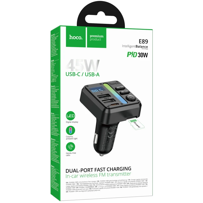 АЗУ FM модулятор Hoco E89 Libre PD30W+QC3.0 total 45W (1USB-A/1C) – Black. Фото 2 из 6