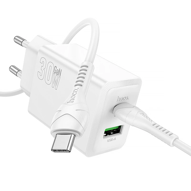 СЗУ Hoco N71 Nuevo PD30W+QC3.0 (1USB-A/1C)  + кабель Type-C to Type-C – White. Фото 2 из 4