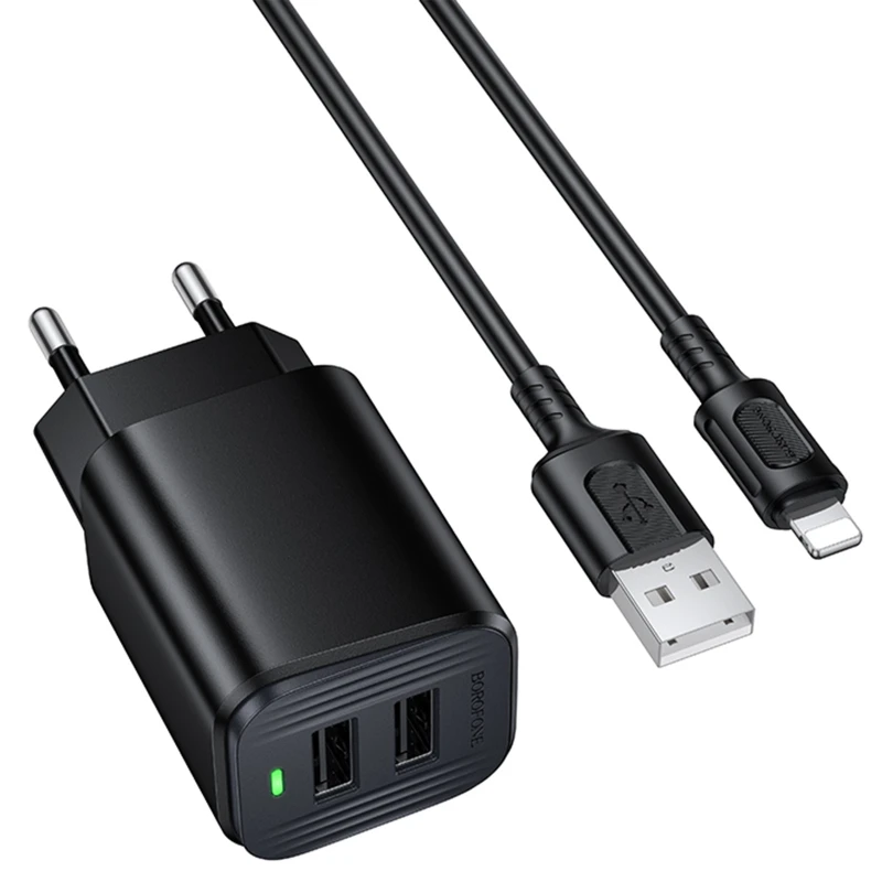 МЗП Borofone BAS81A Star 10.5W (2USB-A) + кабель USB to Lightning – Black. Фото 1 з 3