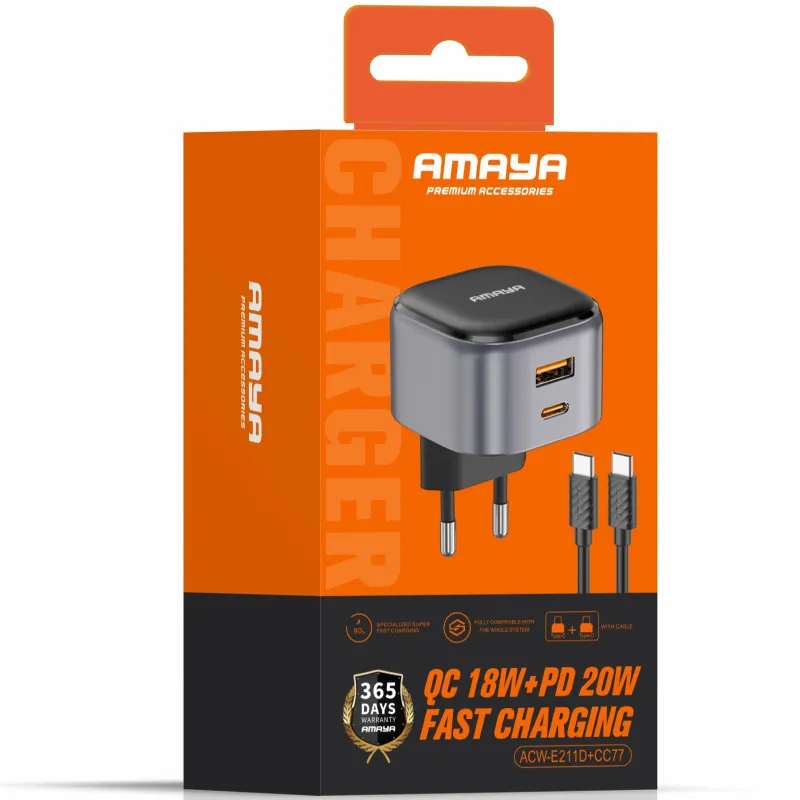 МЗП Amaya E211D PD20W+QC3.0 (1USB-A/1C) + кабель Type-C to Type-C – Black. Фото 2 з 2