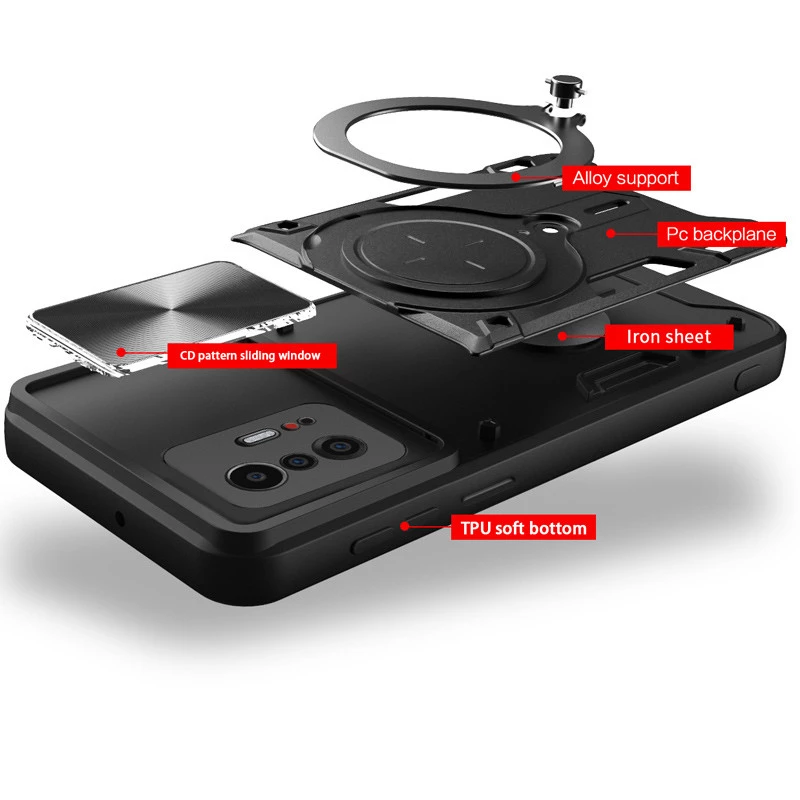 Ударопрочный чехол Bracket Ringstand с защитной шторкой для камеры для Xiaomi 11T / 11T Pro – Black. Фото 6 из 6