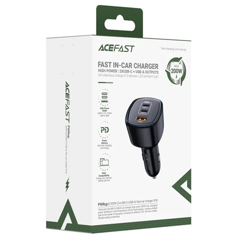 АЗП Acefast B18 PD100W+QC3.0 total 200W (1USB-A/2C) – Black. Фото 5 з 5