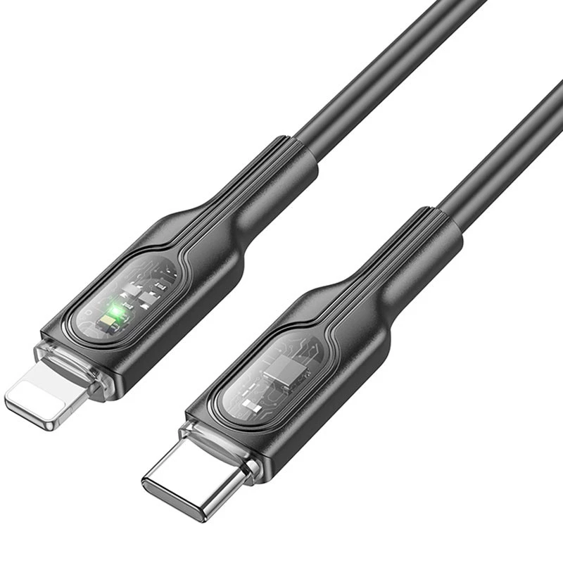 Дата кабель Hoco U120 Transparent explore intelligent power-off PD 27W Type-C to Lightning (1.2m) – Black. Фото 3 з 6