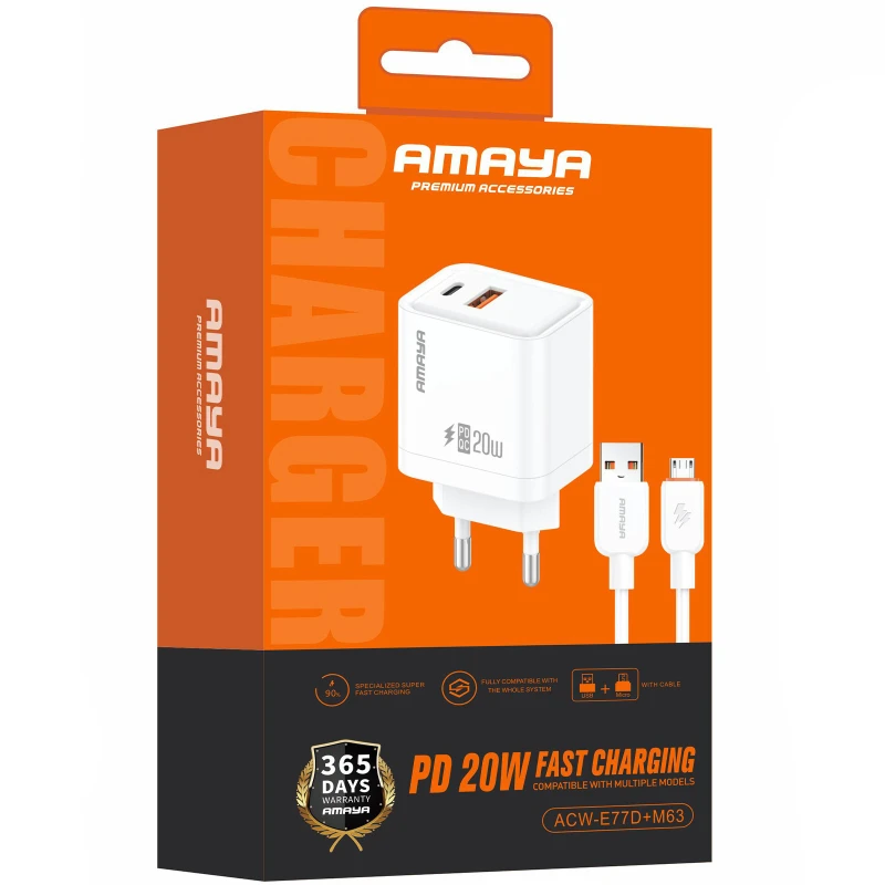 МЗП Amaya E77D PD20W+QC3.0 (1USB-A/1C) + кабель USB to MicroUSB – White. Фото 2 з 2