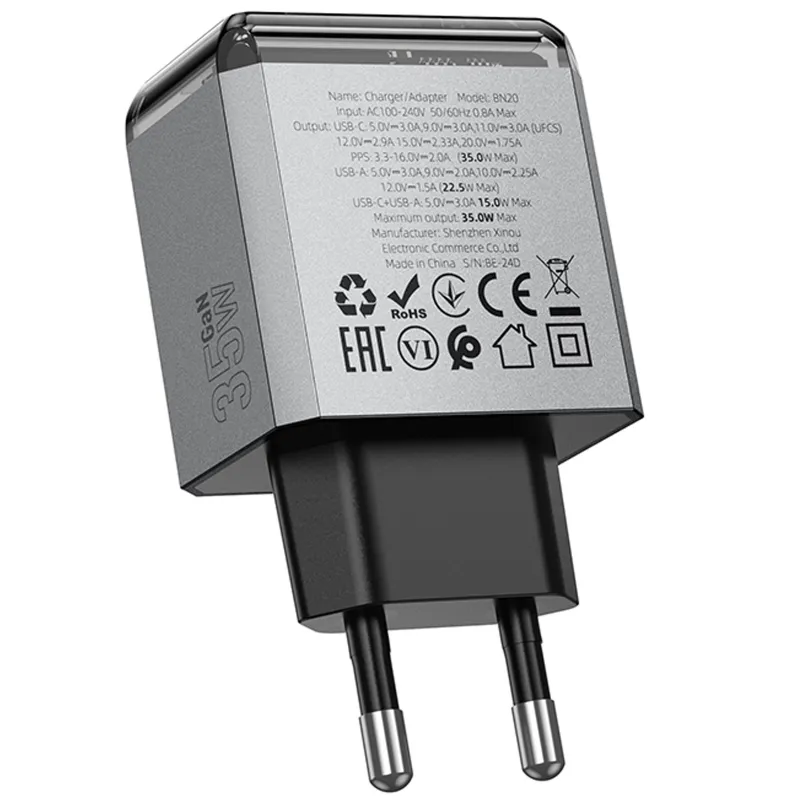 МЗП Borofone BN20 Lena PD35W+QC3.0 (1USB-A/1C) – Metal gray. Фото 5 з 5