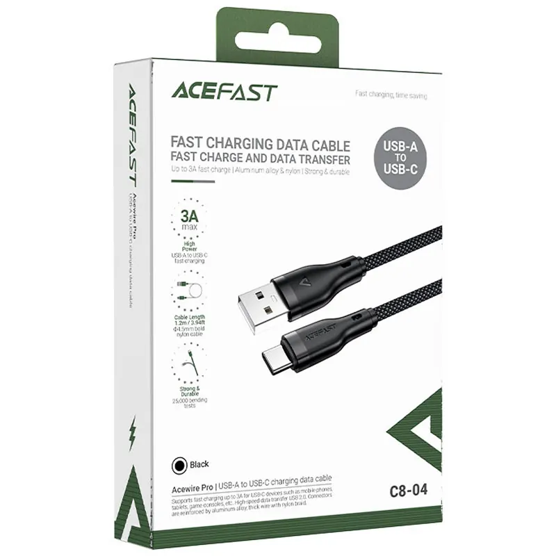 Дата кабель Acefast C8-04 USB to Type-C 3A (1.2m) – Black. Фото 2 из 5