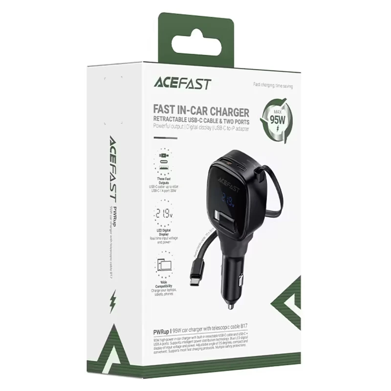 АЗП Acefast B17 PD30W+QC3.0 total 95W (1USB-A/1C) with retractable cable Type-C – Black. Фото 4 з 4