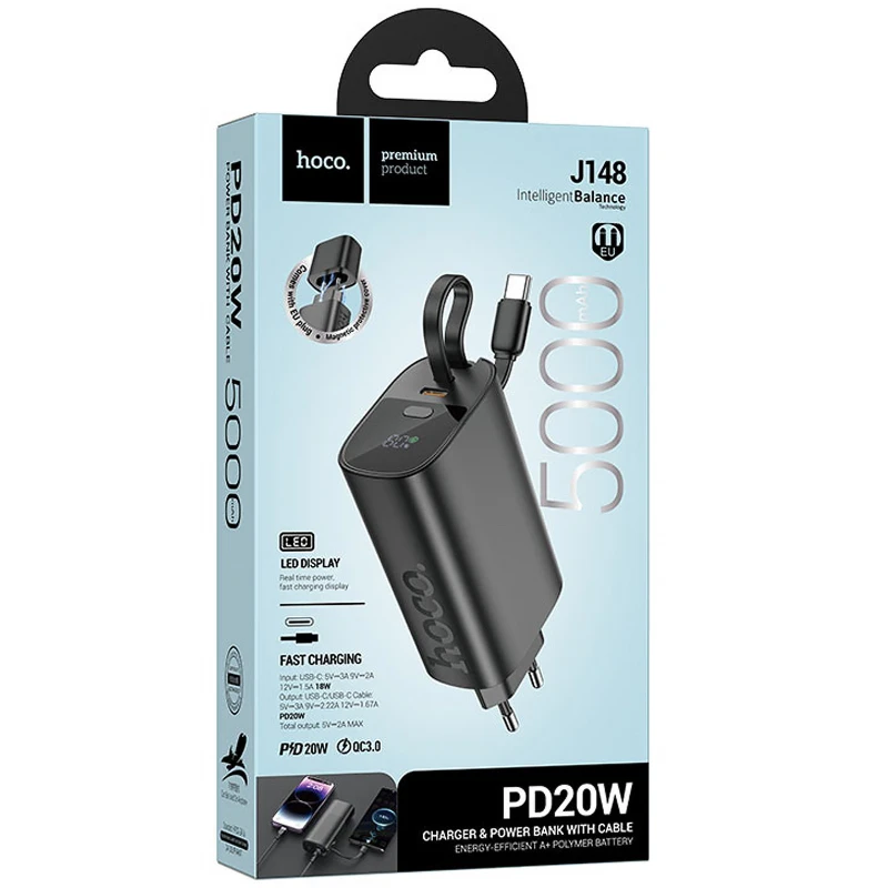 Портативний ЗП Power Bank Hoco J148 Handy PD20W with cable 5000 mAh – Black. Фото 4 з 4