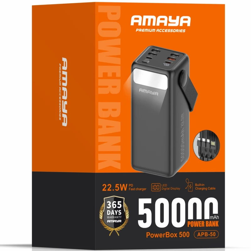 Портативное ЗУ Power Bank Amaya APB-50 22.5W flashlight with cable 50000 mAh – Black. Фото 2 из 2