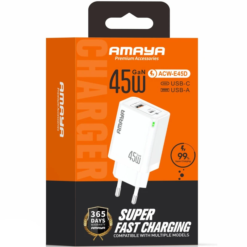 МЗП Amaya E45D PD45W+QC3.0 GaN (1USB-A/1C) – White. Фото 2 з 2
