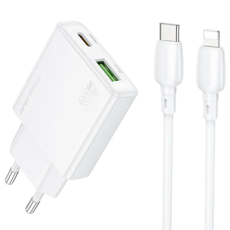 МЗП Borofone BN25 Wish PD30W+QC3.0 (1USB-A/1C) + кабель Type-C to Lightning – White. Фото 1 з 7