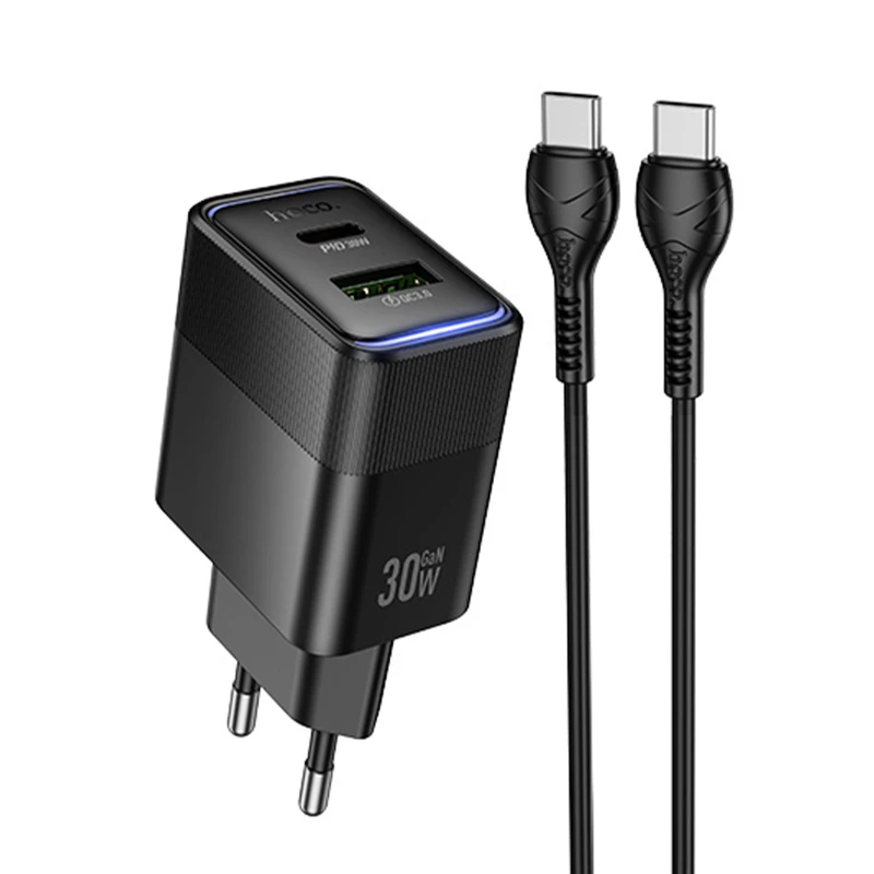 СЗУ Hoco CS112A Lounge PD30W+QC3.0 (1USB-A/1C) + кабель Type-C to Type-C – Black. Фото 1 из 5