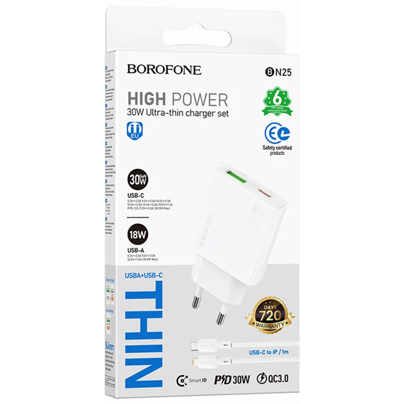 МЗП Borofone BN25 Wish PD30W+QC3.0 (1USB-A/1C) + кабель Type-C to Lightning – White. Фото 2 з 7