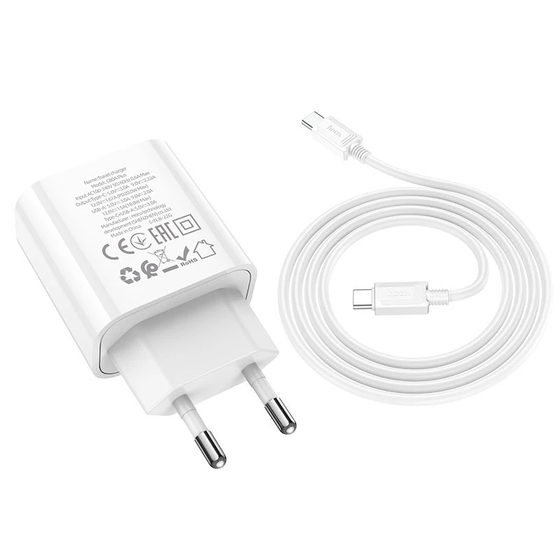 МЗП HOCO C80A Plus Rapido PD20W+QC3.0 (1Type-C/1USB) + Type-C to Type-C – White. Фото 5 з 7