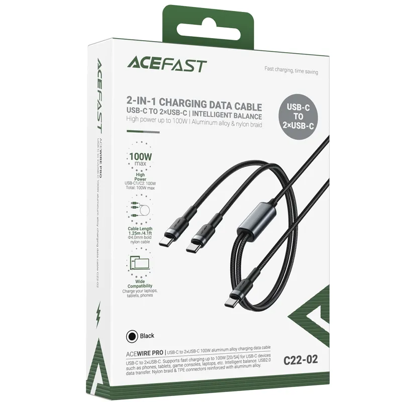 Дата кабель Acefast C22-02 2in1 Type-C to Type-C/Type-C 100W (1.2m) – Black. Фото 2 з 5
