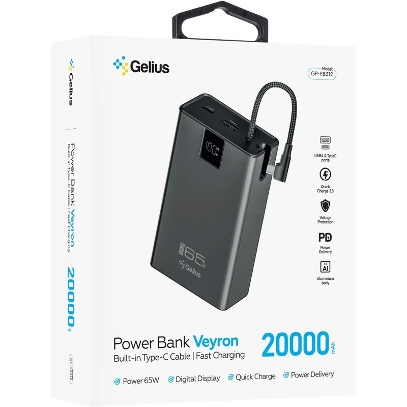 Портативний ЗП Power Bank Gelius Veyron GP-PB312 65W QC+PD 20000 mAh – Black. Фото 6 з 8