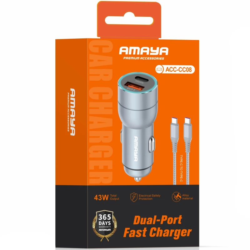 АЗП Amaya ACC-CC08 PD20W+QC3.0  total 43W (1USB-A/1C) + кабель Type-C to Type-C – Gray. Фото 2 з 2