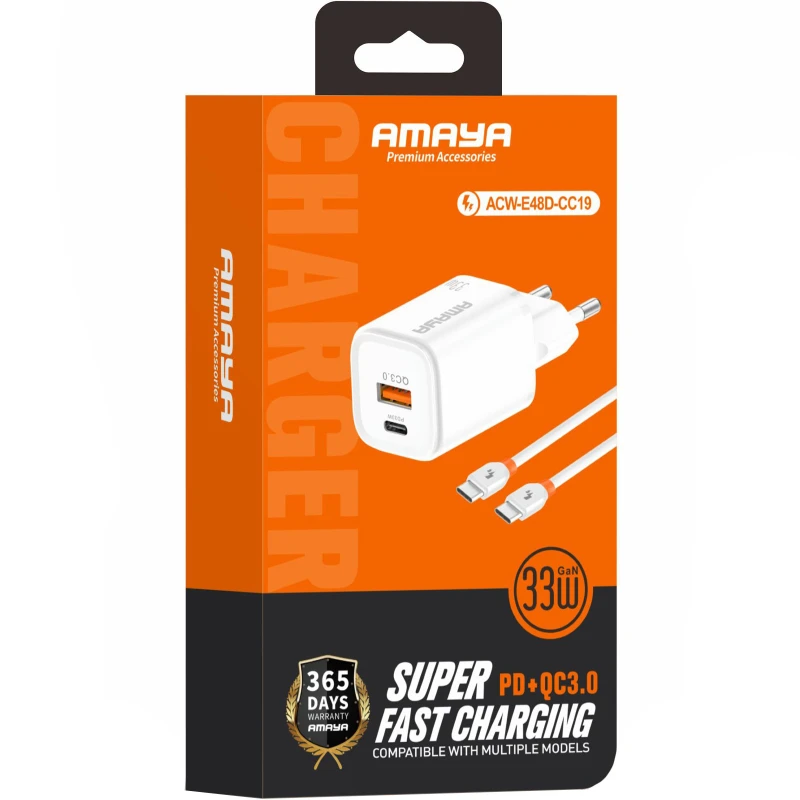 МЗП Amaya E48D PD33W+QC3.0 (1USB-A/1C) + кабель Type-C to Type-C – White. Фото 2 з 2