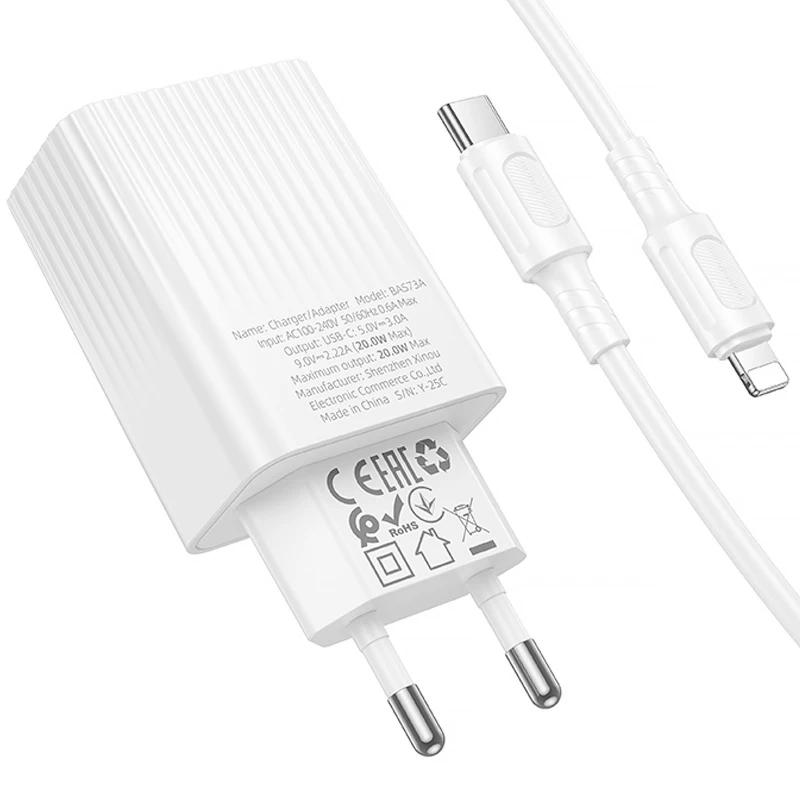 СЗУ Borofone BAS73A Source PD20W (1USB-C) + кабель Type-C to Lightning – White. Фото 4 из 5