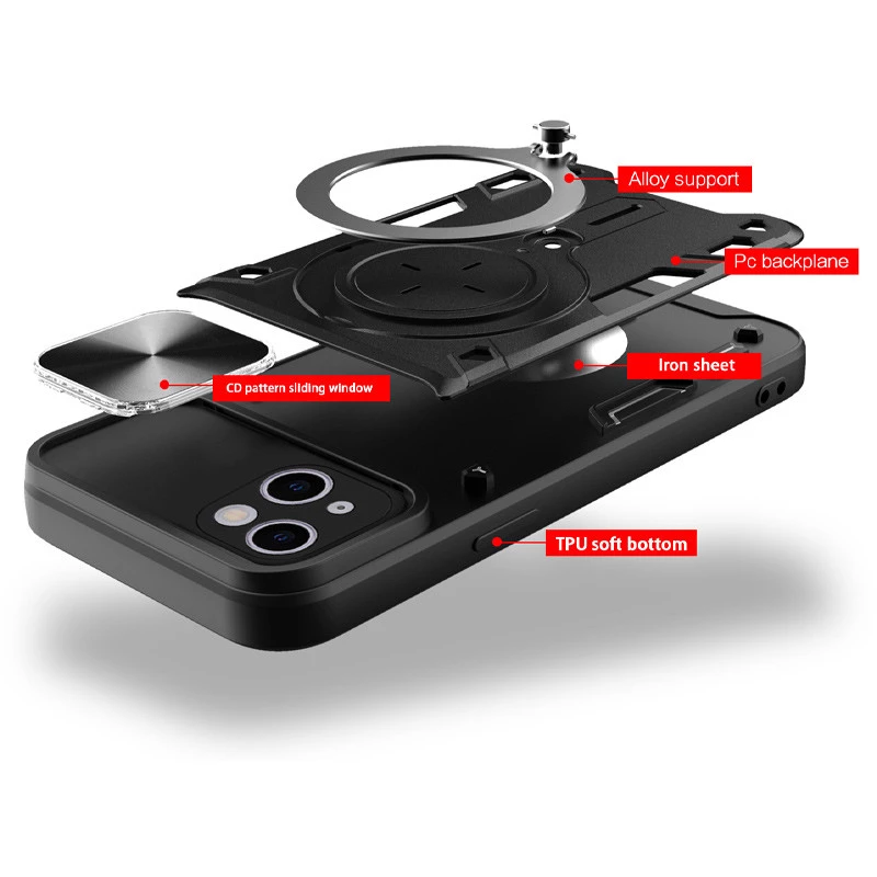 Ударопрочный чехол Bracket Ringstand с защитной шторкой для камеры для Apple iPhone 15 (6.1") – Black. Фото 2 из 5