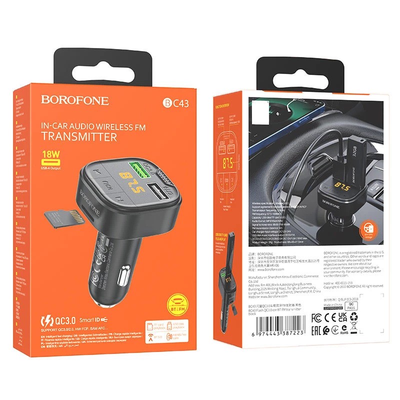 АЗУ FM модулятор Borofone BC43 Flash QC3.0 – Black. Фото 6 из 8