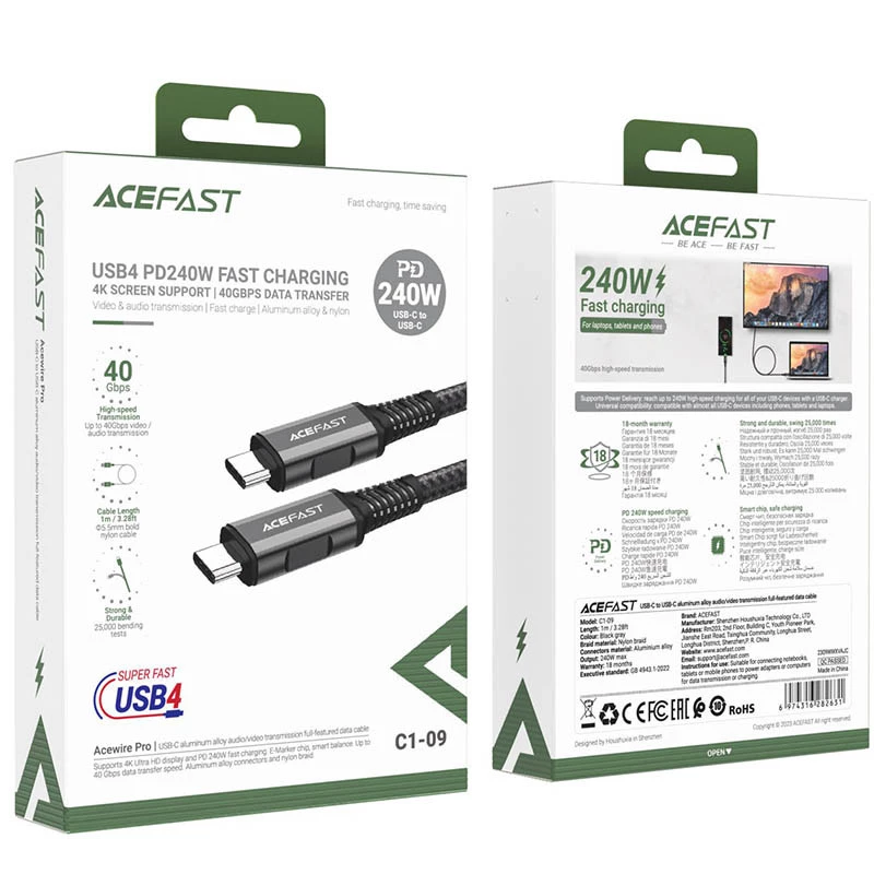 Дата кабель Acefast C1-09 USB-C to USB-C PD240W 40Gbps – Black / Gray. Фото 4 из 4