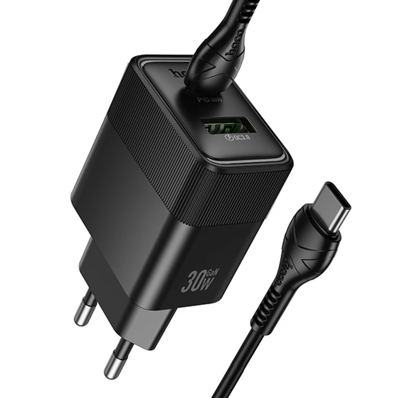 СЗУ Hoco CS112A Lounge PD30W+QC3.0 (1USB-A/1C) + кабель Type-C to Type-C – Black. Фото 4 из 5
