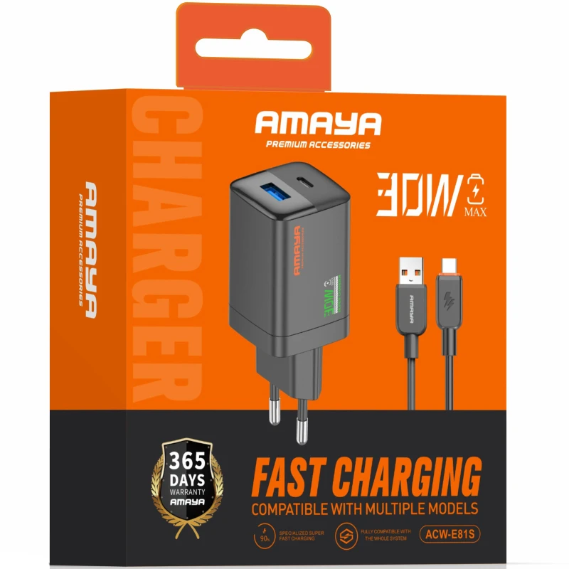 МЗП Amaya E81S PD30W+QC3.0 (1USB-A/1C) + кабель USB to Type-C – Black. Фото 2 з 2
