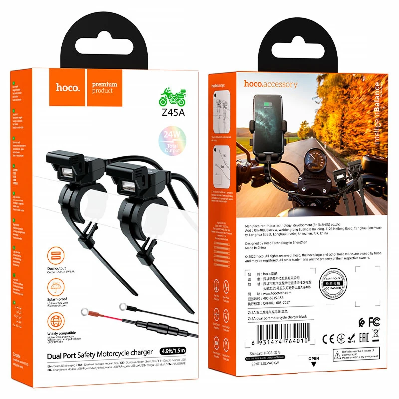 АЗУ Hoco Z45A 2.4A для мотоцикла (2USB-A) – Black. Фото 5 из 5